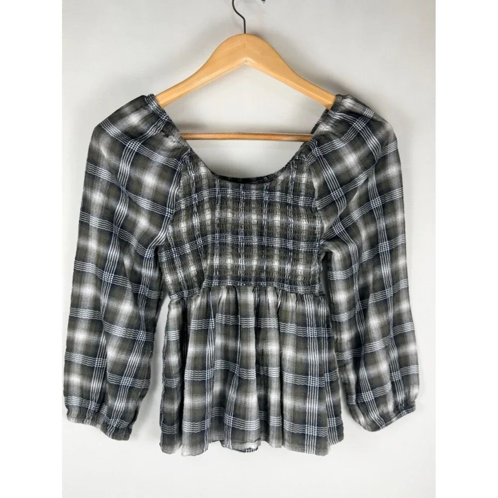 Tommy Jeans Plaid Smocked Babydoll Top Medium Puff Sleeve